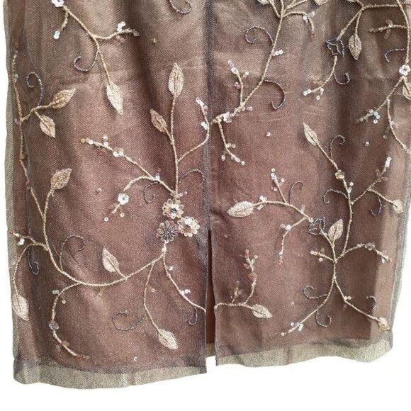 Vtg Rickie Freeman Skirt Formal Overlay Floral Beaded Embroidered Brown Sz 6 - Picture 10 of 11